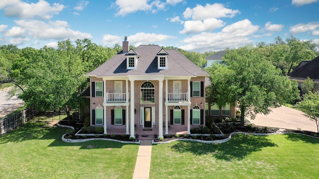 neoclassical home with a balcony, a chimney, a front yard, brick siding, and fence