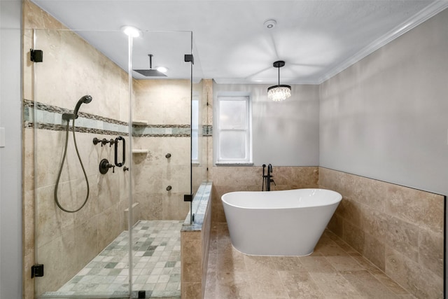 bathroom with tile walls, a freestanding bath, a stall shower, and wainscoting