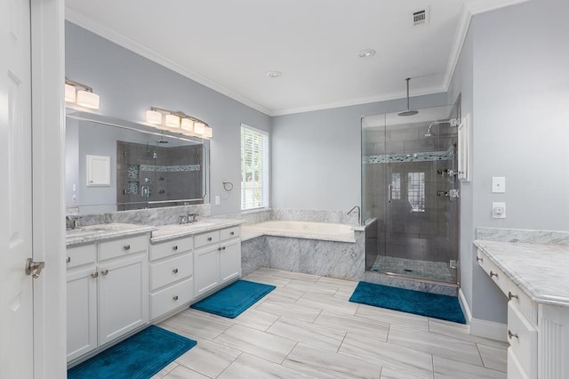 full bath featuring a bath, ornamental molding, visible vents, a stall shower, and double vanity