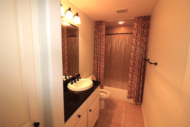 17 Regency Pt, Conroe, TX 77356 - bathroom featuring visible vents, toilet, shower / bathtub combination with curtain, vanity, and tile patterned flooring