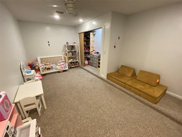 rec room with recessed lighting, carpet, and visible vents