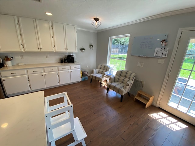 kitchen featuring white cabinets, plenty of natural light, light countertops, and ornamental molding