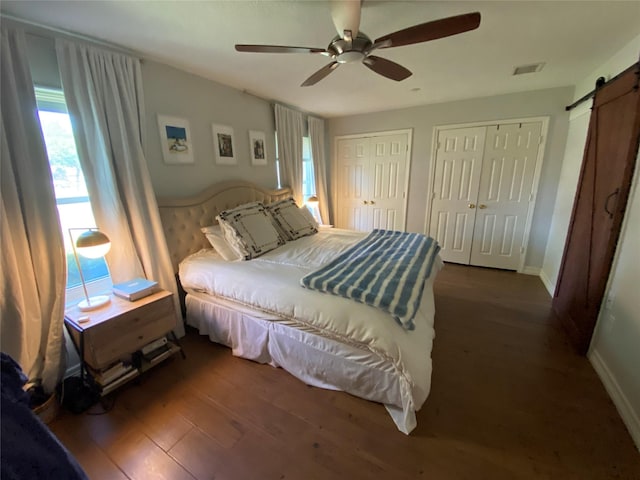 bedroom with a barn door, multiple windows, visible vents, and multiple closets