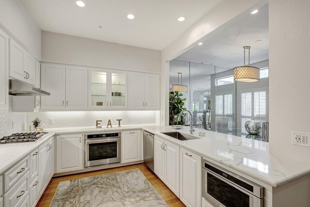 kitchen featuring stainless steel appliances, under cabinet range hood, decorative backsplash, and a sink
