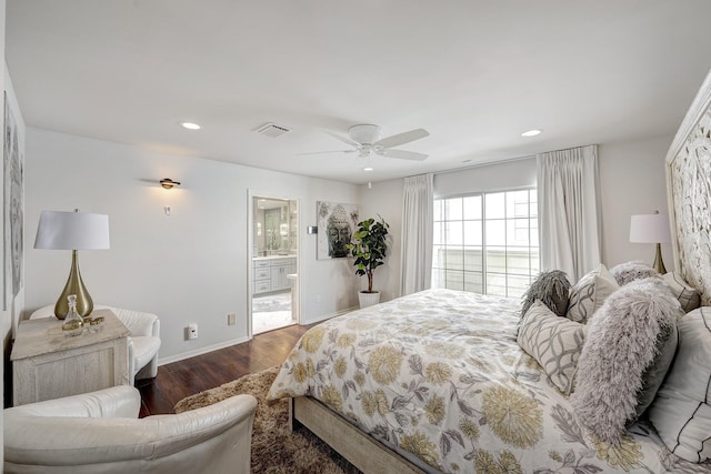 bedroom with recessed lighting, ceiling fan, visible vents, baseboards, and wood finished floors
