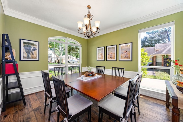 dining room featuring wainscoting, dark wood-style floors, a notable chandelier, and crown molding