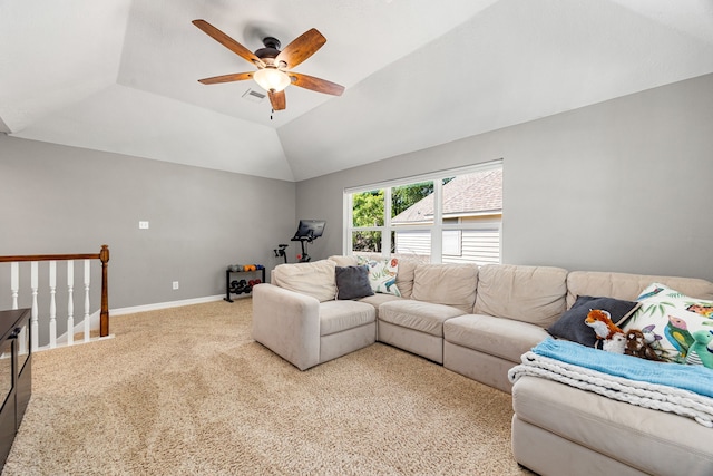 carpeted living area featuring ceiling fan, lofted ceiling, visible vents, and baseboards
