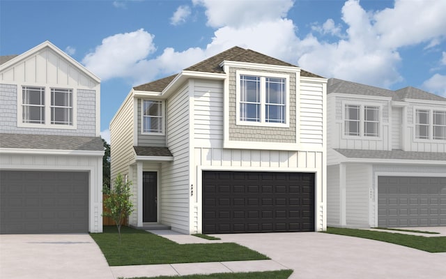 13429 Sun Cay Dr, Houston, TX 77047 - view of front facade with an attached garage, roof with shingles, board and batten siding, and driveway