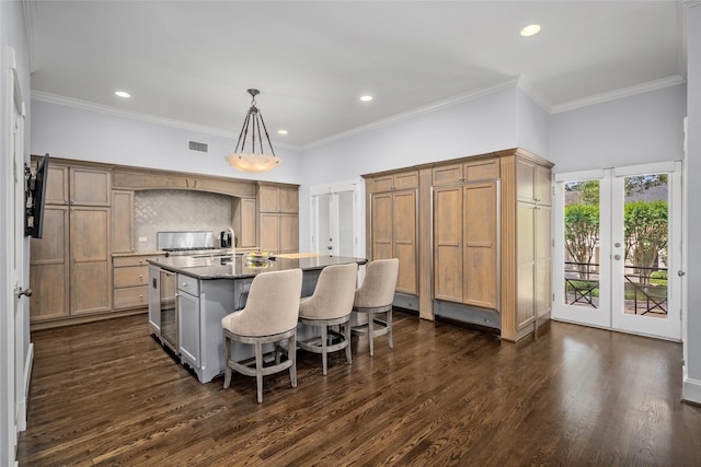 kitchen featuring french doors, a kitchen island with sink, dark wood-style floors, and visible vents