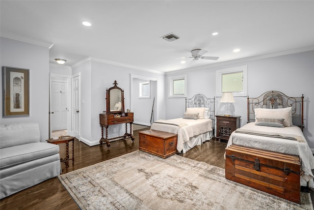 bedroom featuring recessed lighting, crown molding, a ceiling fan, visible vents, and dark wood finished floors