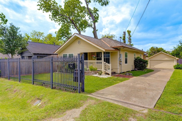 view of front of house featuring an outdoor structure, a garage, and covered porch