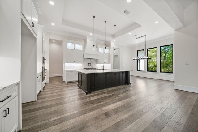 4458 Lily Bean, Montgomery, TX 77316 - kitchen featuring an island with sink, light countertops, visible vents, a tray ceiling, and wood finished floors
