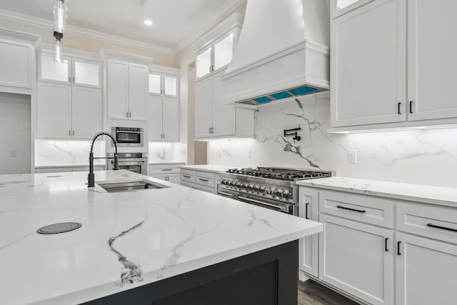 4458 Lily Bean, Montgomery, TX 77316 - kitchen with custom exhaust hood, glass insert cabinets, white cabinets, a sink, and ornamental molding