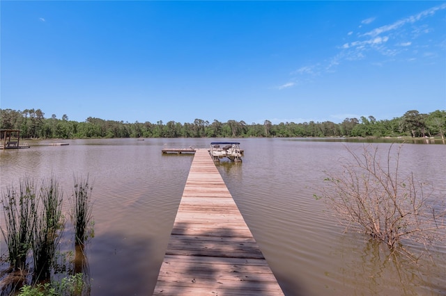 dock area with a water view and a wooded view