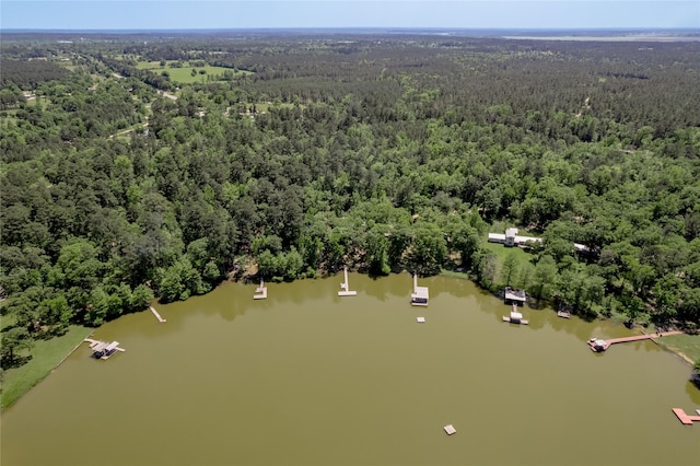 drone / aerial view featuring a wooded view and a water view