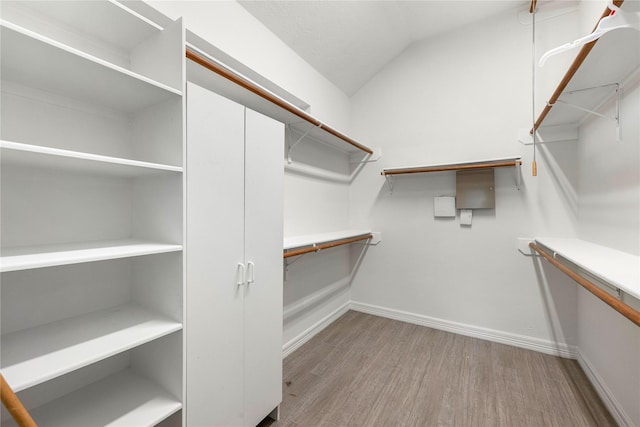 walk in closet with vaulted ceiling and wood finished floors