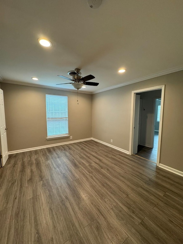 unfurnished room with recessed lighting, dark wood-type flooring, crown molding, baseboards, and ceiling fan