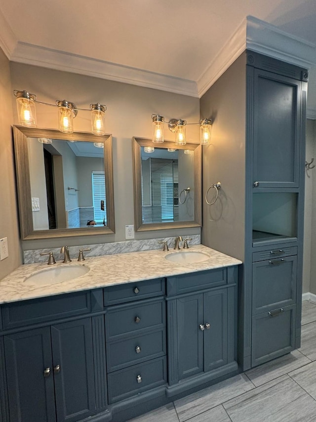 bathroom featuring wood finish floors, crown molding, a sink, and double vanity