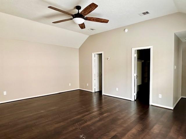 2407 Florence Dr, League City, TX 77573 - unfurnished room with visible vents, baseboards, a ceiling fan, and vaulted ceiling