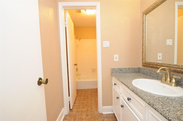 bathroom with vanity, shower / bath combination, tile patterned floors, and baseboards