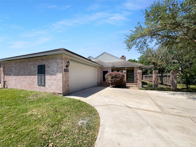 202 Essex Pl, Stafford, TX 77477 - ranch-style home with fence, brick siding, an attached garage, a chimney, and concrete driveway