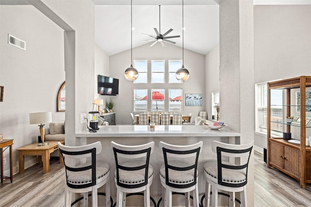 kitchen with a healthy amount of sunlight, visible vents, light wood-type flooring, and ceiling fan