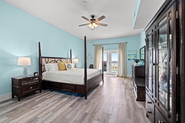 bedroom with access to outside, light wood-style floors, ceiling fan, and baseboards