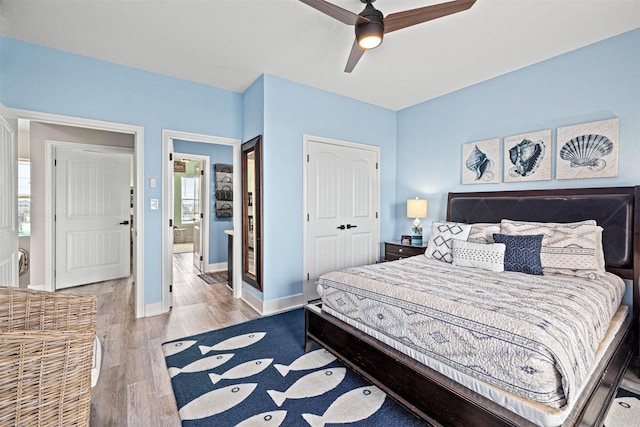 bedroom with a closet, baseboards, multiple windows, and wood finished floors
