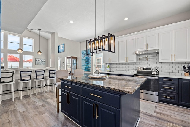 kitchen featuring stainless steel electric range oven, a center island, under cabinet range hood, light wood finished floors, and backsplash
