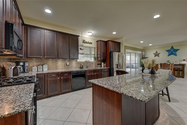 kitchen with tasteful backsplash, ornamental molding, black appliances, and light tile patterned flooring