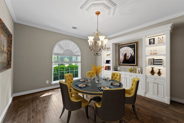 2023 Forest Garden Dr, Kingwood, TX 77345 - dining space with a chandelier, dark wood-style floors, ornamental molding, and baseboards