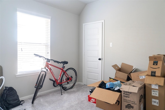 miscellaneous room with baseboards, carpet flooring, and vaulted ceiling