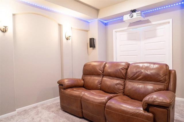 cinema room with light colored carpet and baseboards