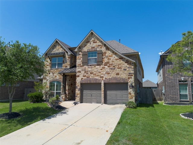 traditional-style home with an attached garage, a front lawn, and stone siding