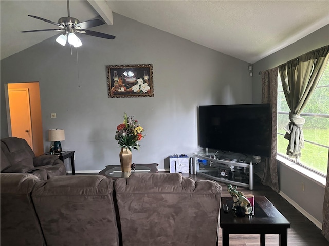 22223 Springgate Dr, Spring, TX 77373 - living area with vaulted ceiling with beams, baseboards, ceiling fan, and dark wood-style floors