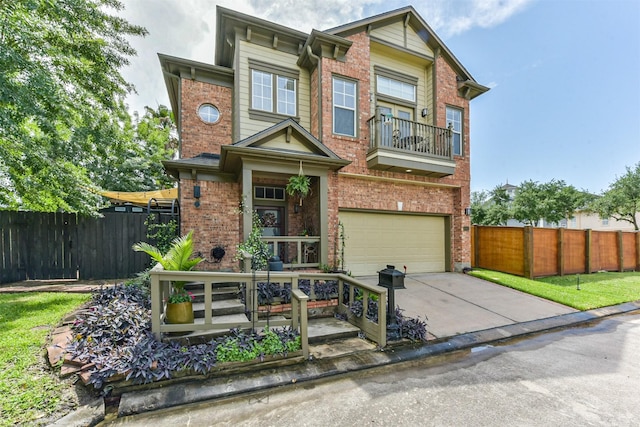 1301 Ketch Ct, League City, TX 77573 - view of front of house featuring a garage, driveway, brick siding, fence, and a balcony