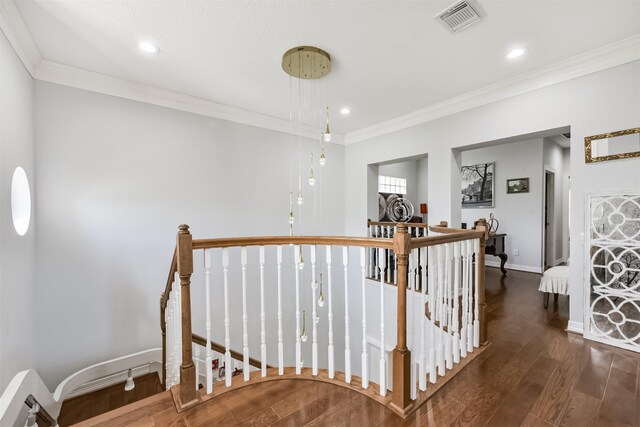 1301 Ketch Ct, League City, TX 77573 - stairs featuring wood finished floors, crown molding, baseboards, and recessed lighting