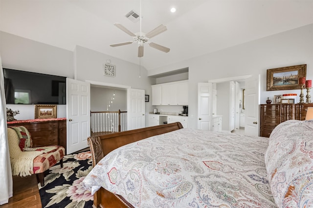 1301 Ketch Ct, League City, TX 77573 - bedroom with wood finished floors, high vaulted ceiling, and a ceiling fan