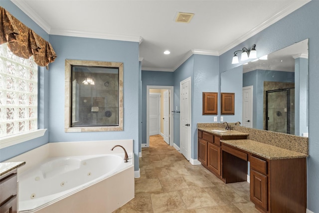 full bathroom featuring crown molding, vanity, a tub with jets, a shower stall, and visible vents