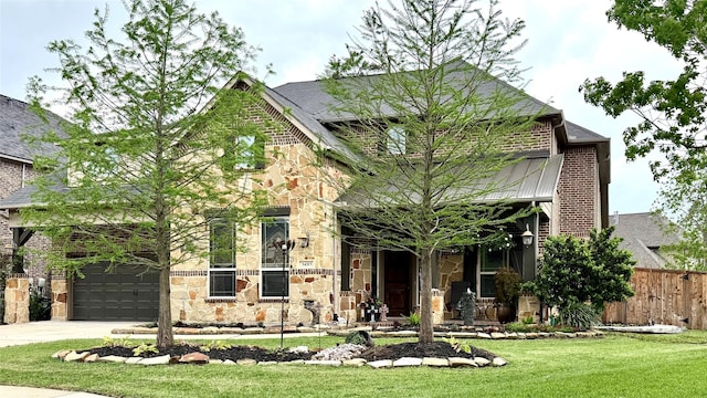 34315 E Short Leaf Pine Ct, Pinehurst, TX 77362 - view of front of house featuring fence, stone siding, concrete driveway, a garage, and a front yard