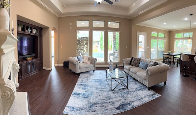 34315 E Short Leaf Pine Ct, Pinehurst, TX 77362 - living room featuring ceiling fan, dark wood-type flooring, ornamental molding, and arched walkways