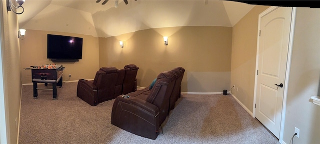 34315 E Short Leaf Pine Ct, Pinehurst, TX 77362 - home theater room with vaulted ceiling, carpet floors, and baseboards