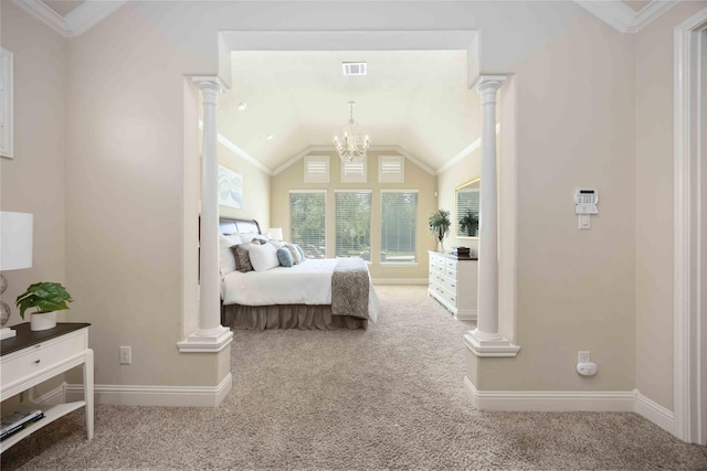 21207 Fairhaven Creek Dr, Cypress, TX 77433 - carpeted bedroom featuring lofted ceiling, decorative columns, baseboards, and an inviting chandelier