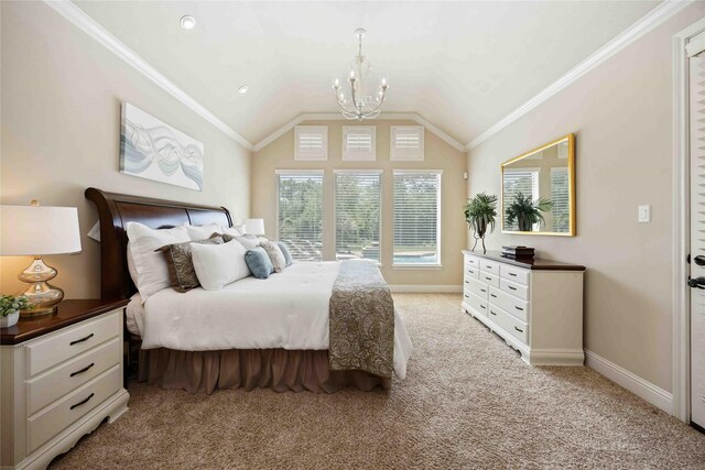 21207 Fairhaven Creek Dr, Cypress, TX 77433 - bedroom with light carpet, baseboards, a chandelier, lofted ceiling, and crown molding