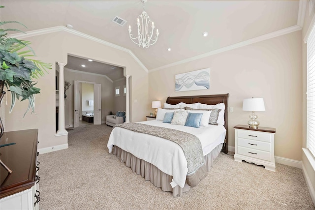 21207 Fairhaven Creek Dr, Cypress, TX 77433 - bedroom with lofted ceiling, visible vents, ornamental molding, light colored carpet, and a notable chandelier