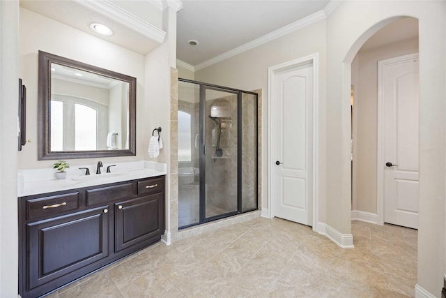 21207 Fairhaven Creek Dr, Cypress, TX 77433 - bathroom featuring crown molding, baseboards, vanity, and a stall shower
