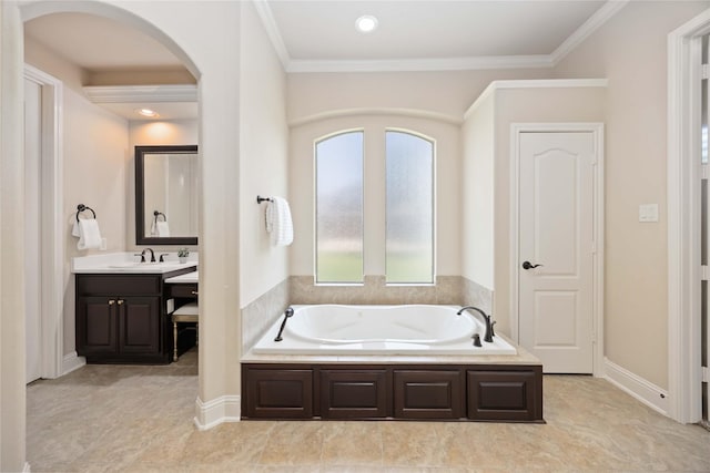 21207 Fairhaven Creek Dr, Cypress, TX 77433 - bathroom with a garden tub, vanity, a wealth of natural light, and ornamental molding