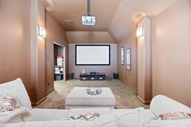 21207 Fairhaven Creek Dr, Cypress, TX 77433 - carpeted home theater room featuring vaulted ceiling, visible vents, and baseboards