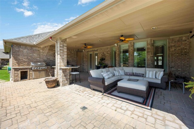 21207 Fairhaven Creek Dr, Cypress, TX 77433 - view of patio with grilling area, a ceiling fan, area for grilling, and an outdoor living space
