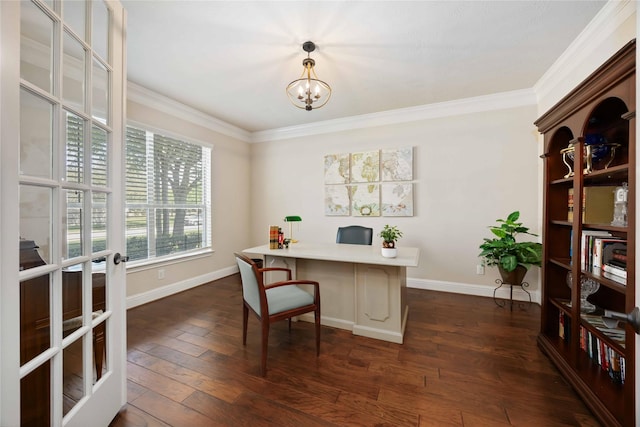 21207 Fairhaven Creek Dr, Cypress, TX 77433 - home office with baseboards, a notable chandelier, and crown molding